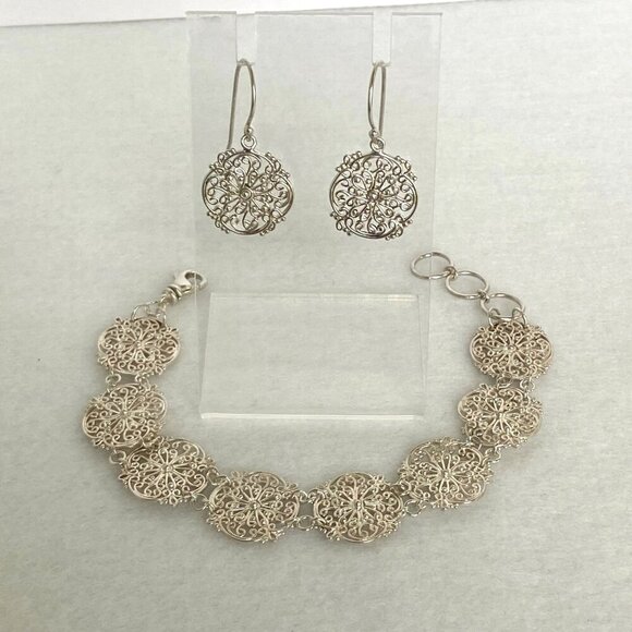Sterling Silver 925 Round Scrollwork Filigree Link Bracelet & Dangle Earring Set - Picture 11 of 16